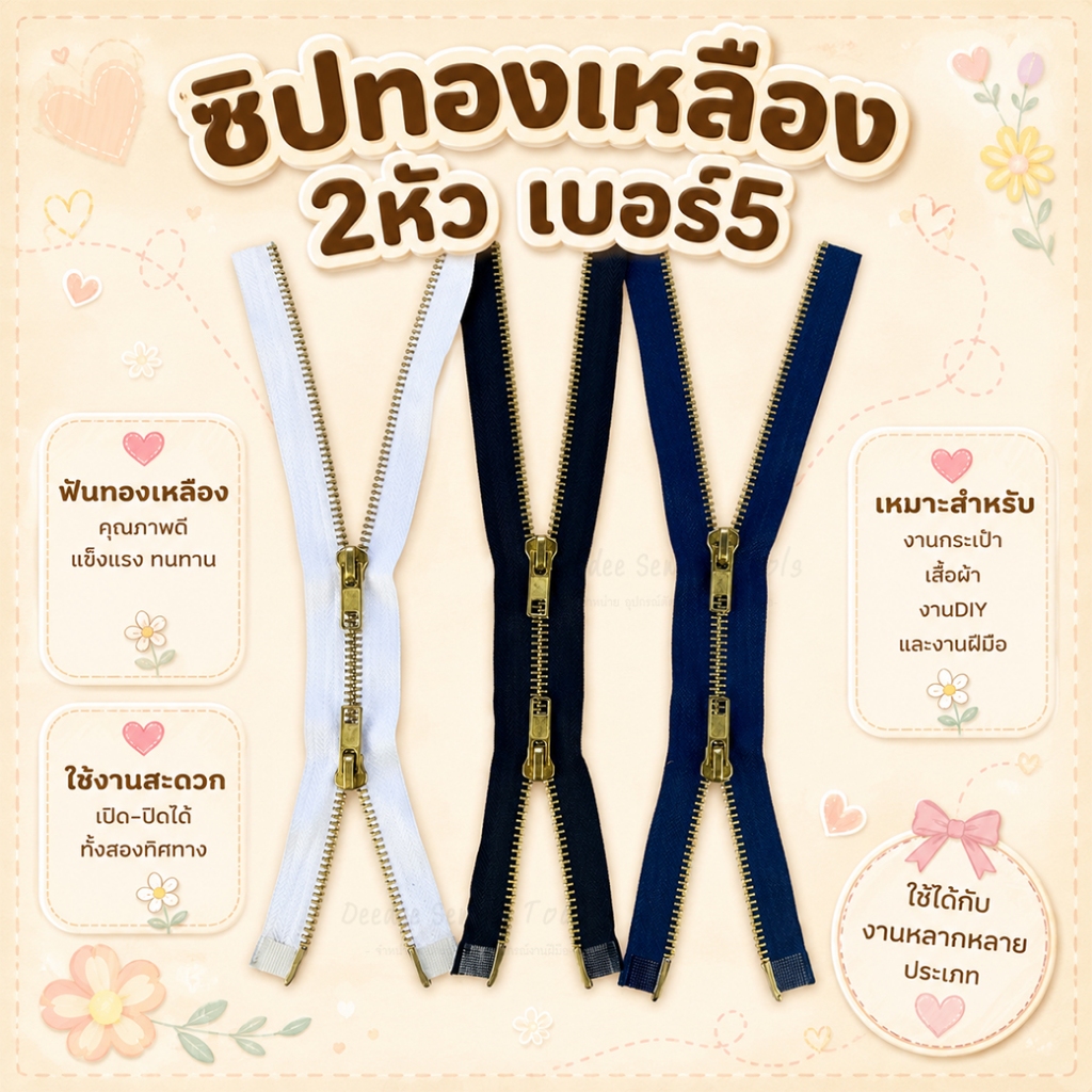 ซิปทองเหลือง 2หัว เบอร์5 หัวออโต้ล็อค ปลายถอดได้ 12นิ้ว-22นิ้ว ซิปฟันทองเหลือง2หัว ซิปทองเหลือง2หัว