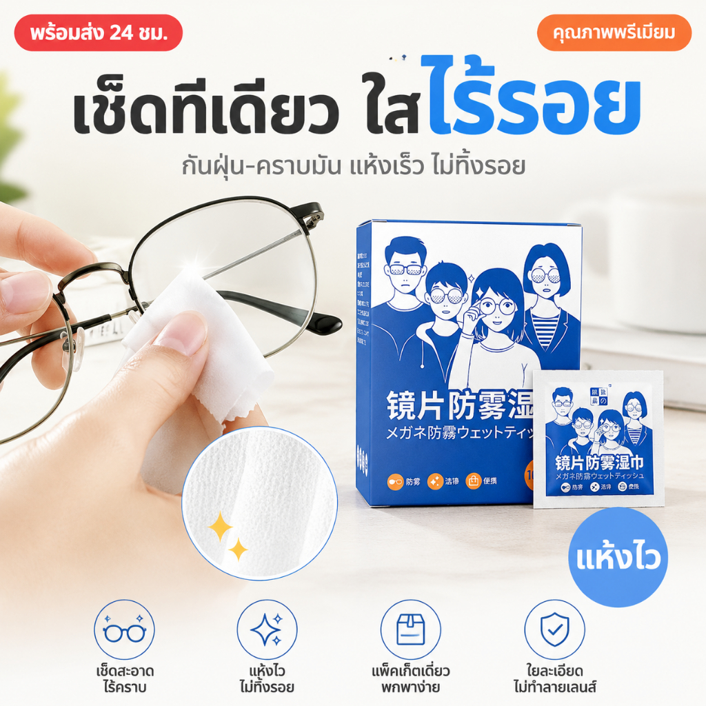 🔥[ซื้อ 2 แถม 1]แผ่นเช็ดแว่นตา 100แผ่น กันฝ้า ที่เช็ดโทรศัพท์ เช็ดเลนส์กล้อ แห้งเร็ว ไม่ทิ้งรอยขีดข่วน