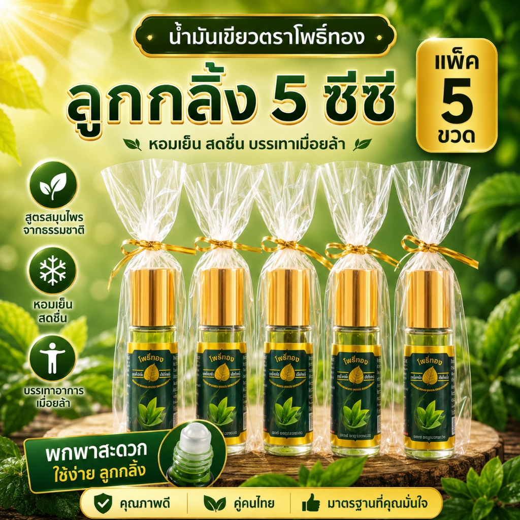 [แพ็ค 5 ขวด] น้ำมันเขียวตราโพธิ์ทอง ลูกกลิ้ง 5 ซีซี (ของชำร่วย)