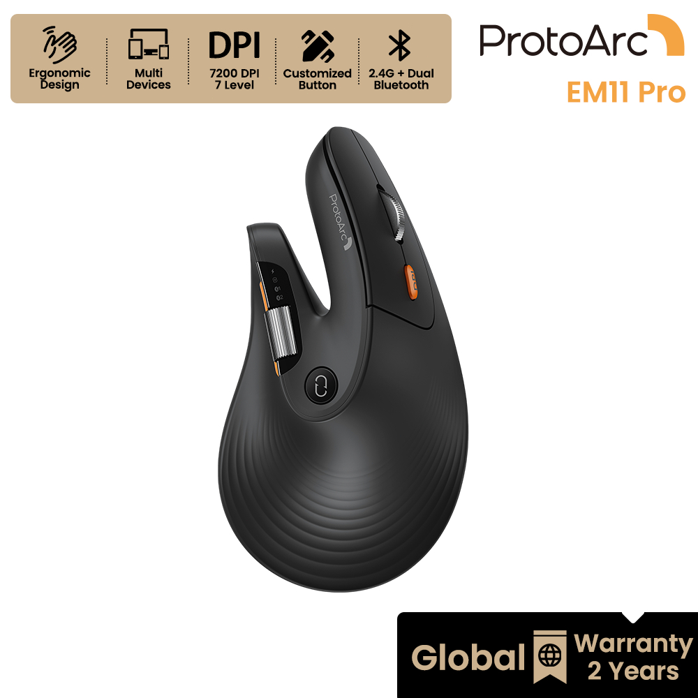 ProtoArc EM11 Pro เมาส์แนวตั้ง Ergonomic ไร้สาย Bluetooth DPI 7200 ปรับแต่งปุ่มได้ รับประกัน 2 ปี