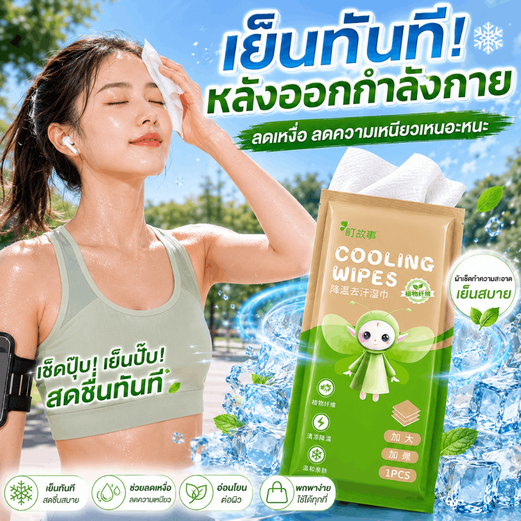 ผ้าเย็นพกพา Cooling Wipes สำหรับเดินทาง ออกกำลังกาย และกลางแจ้ง ขนาดใหญ่ 65x22ซม. เช็ดหน้า คอ และตัว