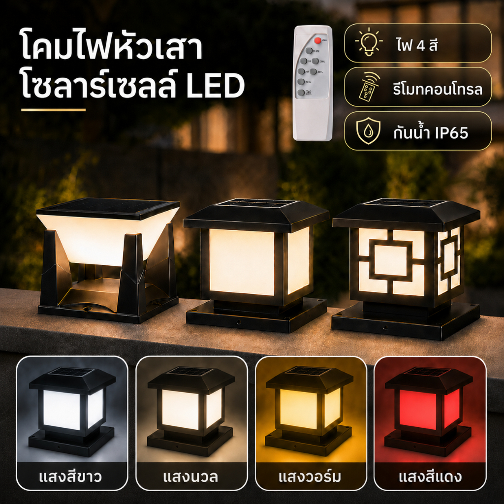 โคมไฟหัวเสาโซลาร์เซลล์ LED 4 สี พร้อมรีโมท กันน้ำ IP65 สำหรับรั้ว ประตู และสวนกลางแจ้ง