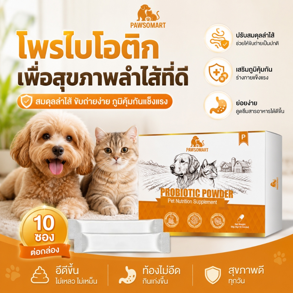 PAWSOMART โพรไบโอติกสัตว์เลี้ยง ปรับสมดุลลำไส้ แก้ท้องผูก ท้องเสีย อาหารเสริมสุนัข อาหารเสริมแ