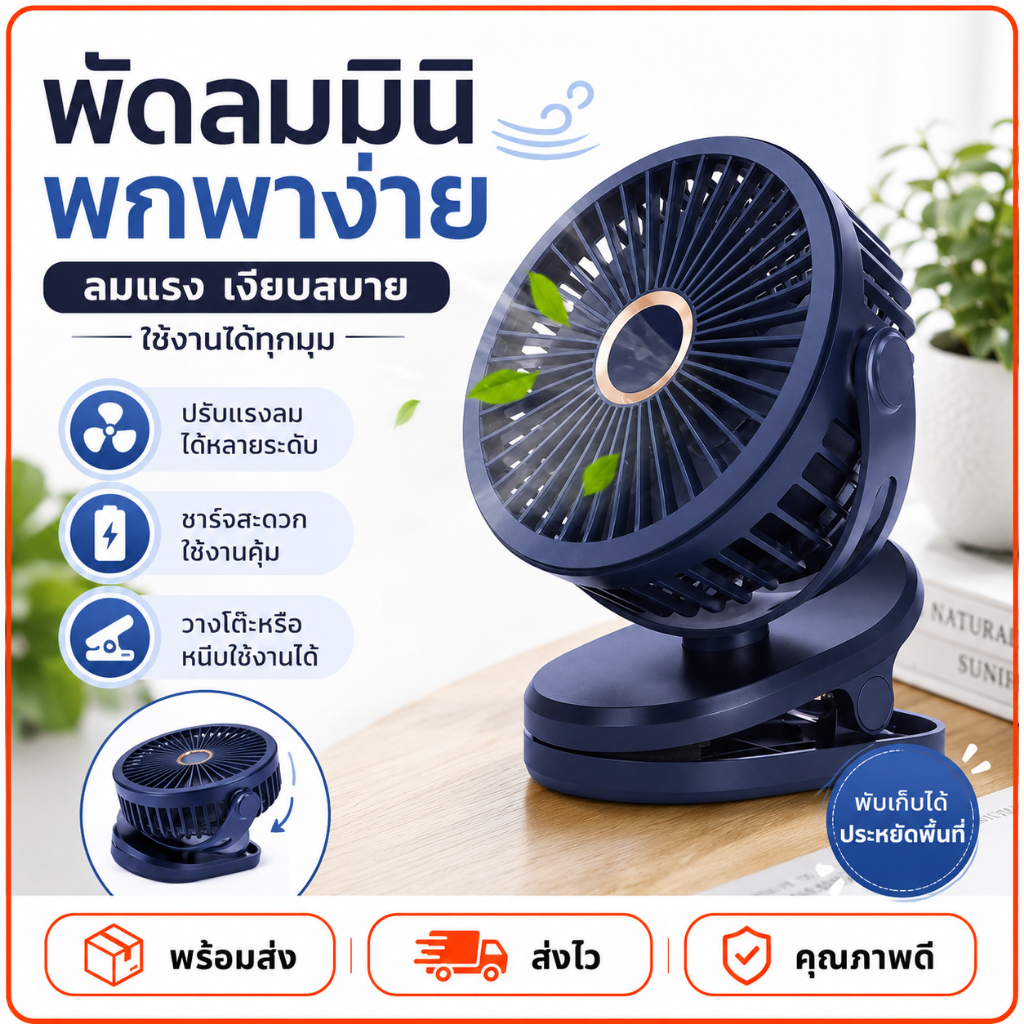 เป่าได้ 64 ชม 3 เกียร์ปรับได้ พัดลมชาร์จไฟแบบหนีบได้ รุ่นพัดลมไฟฟ้าตั้งโต๊ะลมเงียบขนาดใหญ่ 10000mAh แบบพกพา แฟนคลิป