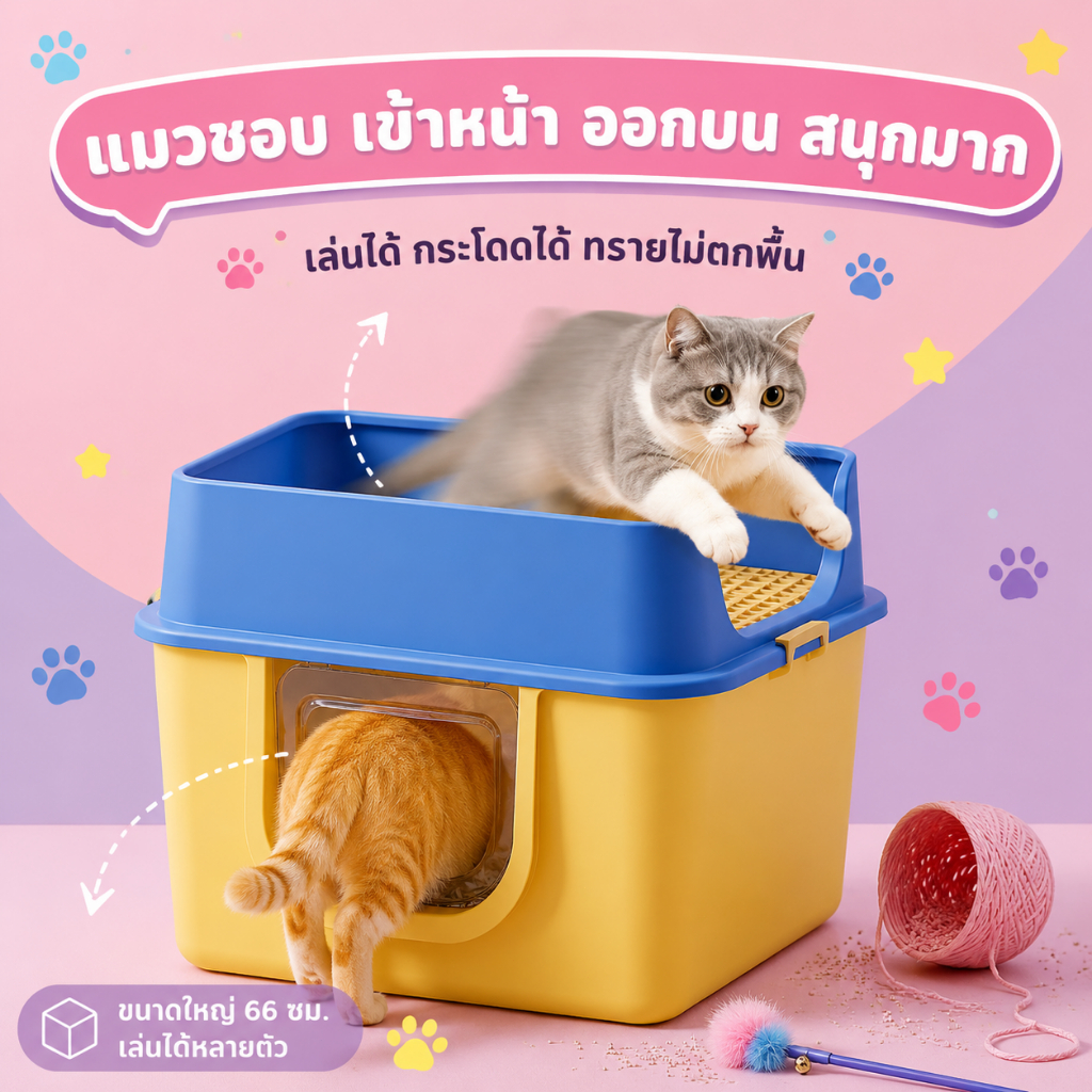 กระบะทรายแมว 2-in-1 เข้าหน้าออกบน ขนาดใหญ่ 66 ซม. สองสี ป้องกันทรายติดเท้า แถมพายตักทราย ห้องน้ำแมว
