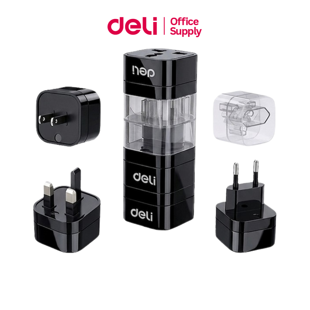 Deli ปลั๊กแปลง อะแดปเตอร์ หัวแปลงขาปลั๊ก 3 แบบ มาตรฐานสากล สีดำ 2500W Univesal Adapter