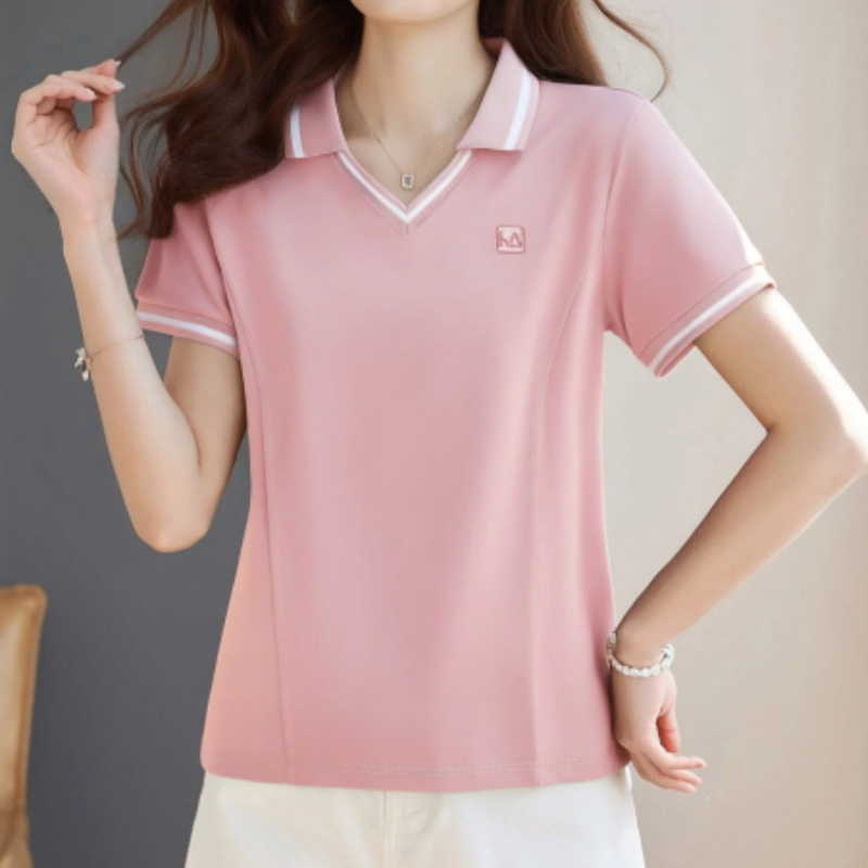 เสื้อโปโลแขนสั้นผู้หญิง ดีไซน์สีตัดกันสุดเก๋ สไตล์ใหม่สำหรับฤดูร้อน สวยงาม ดูอ่อนเยาว์ และใส่ได้หลากหลายโอกาส เหมาะสำหรั