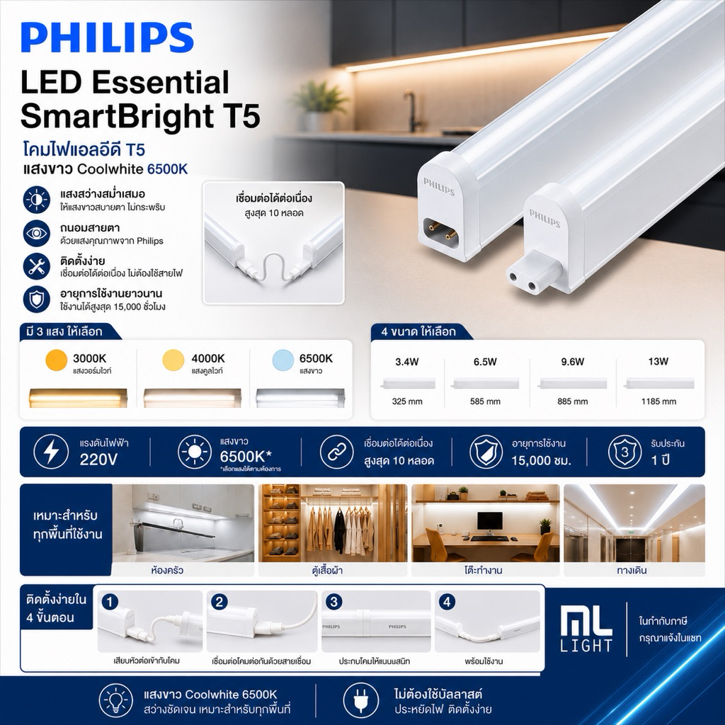 Philips Essential SmartBright T5 LED โคมไฟ T5 3.4W30cm /6.5W60cm /9.6W 90cm/13W 120cm-3000K 4000K 65