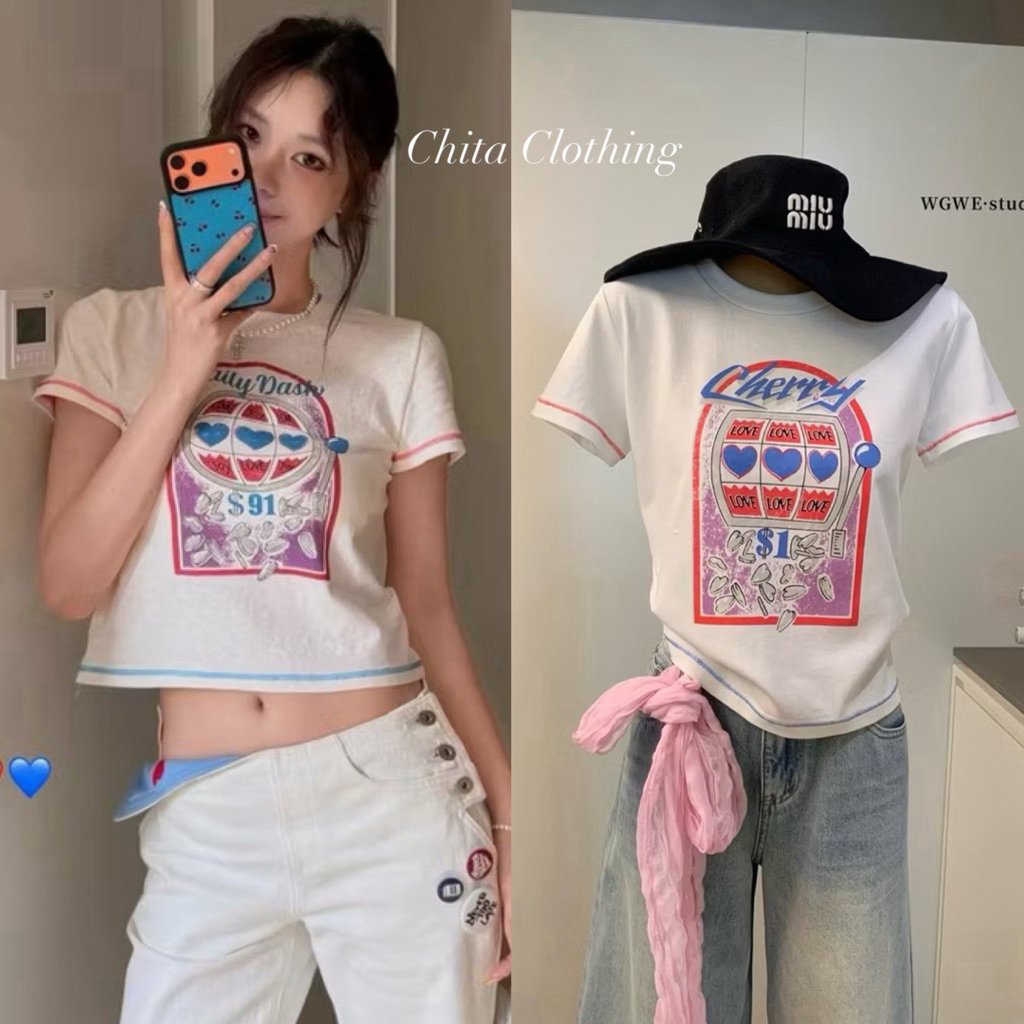พร้อมส่ง 9613# เสื้อคอกลมแขนสั้นสกรีนลายช่วงอก เนื้อผ้าดี งานสวย TAG:WG.WE