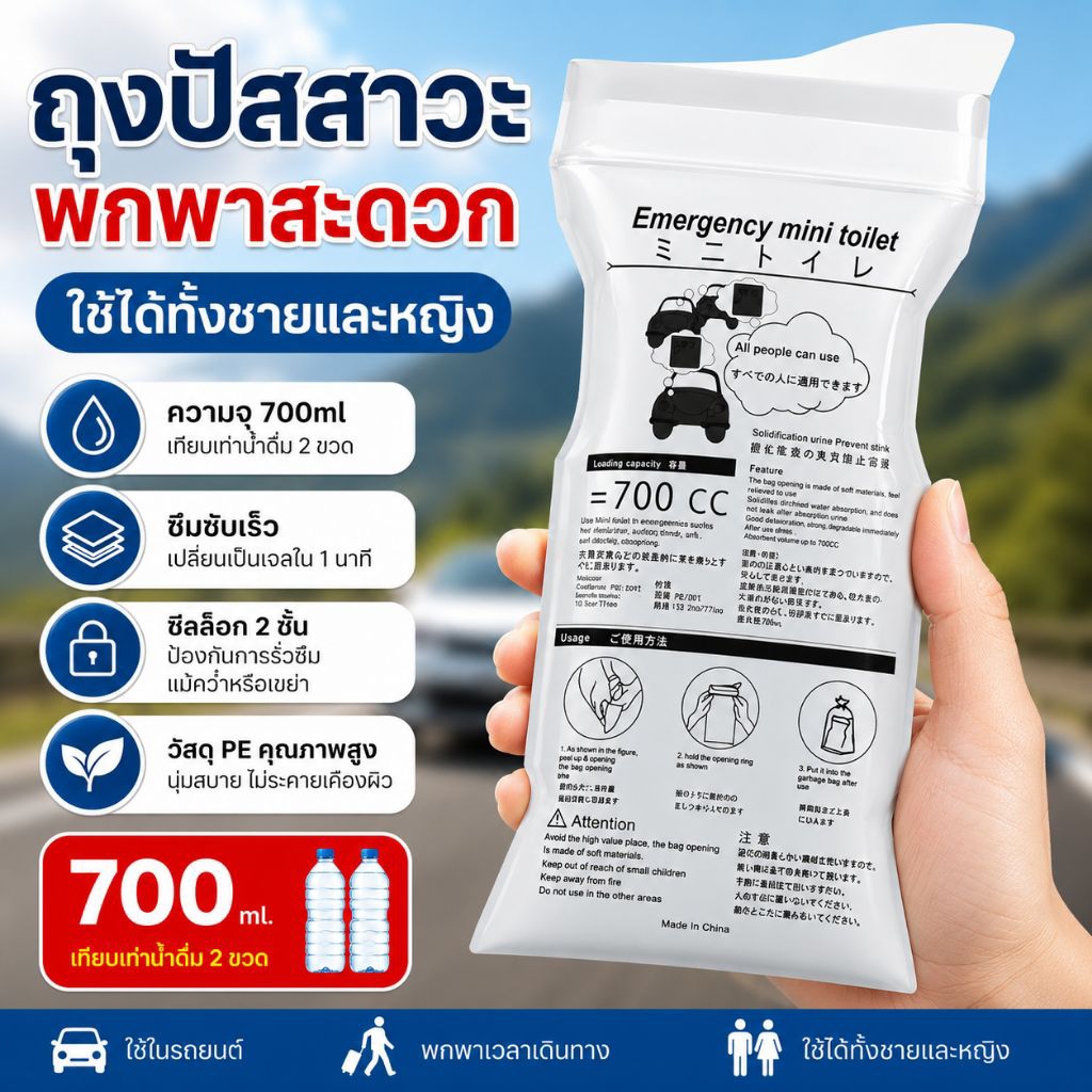 ถุงปัสสาวะพกพา ถุงฉี่ฉุกเฉิน 700ml สำหรับผู้หญิงและผู้ชาย ซึมซับเป็นเจล กันรั่ว ใช้เดินทาง ติดรถ
