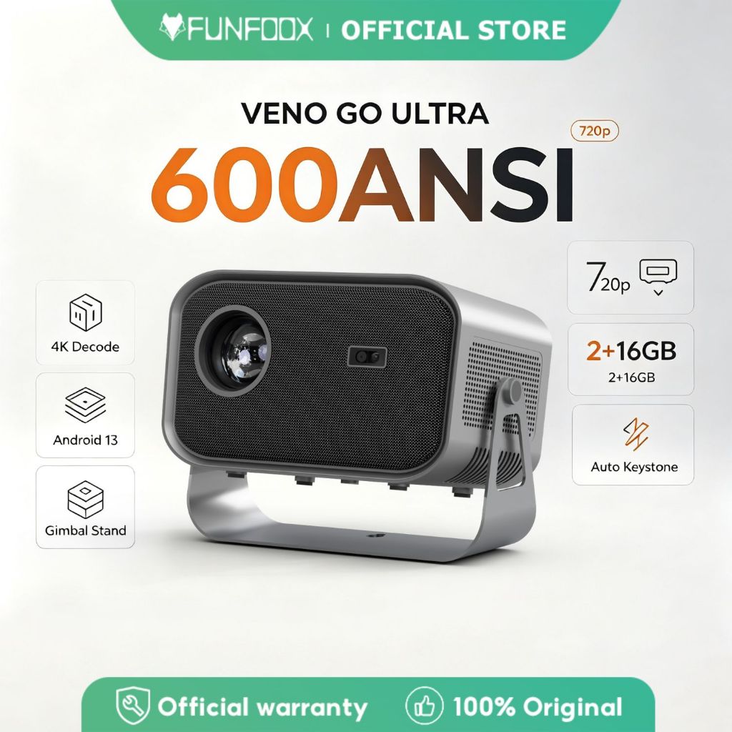 FUNFOOX VENO โปรเจคเตอร์พกพา ความละเอียด 1080P รองรับ Wi-Fi และ Bluetooth 4.0