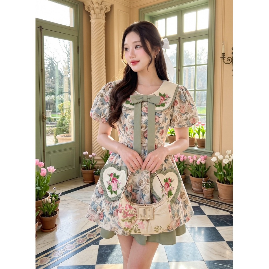 (มี3XL) Leaf Green Dress เดรสสั้นวินเทจลายดอกไม้ กระโปรงดีเทลสองเลเยอร์ ปกปัก แต่งหัวใจ ซิปหลัง มีซับใน