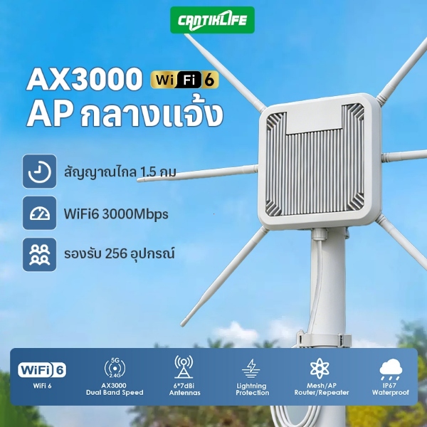 3000Mbps เราเตอร์ WiFi 6 กลางแจ้ง เครื่องขยายสัญญาณ 2.4G+5G สายอากาศ 6x8dBi PoE Mesh กันน้ำ IP67 ครอบคลุมไกล