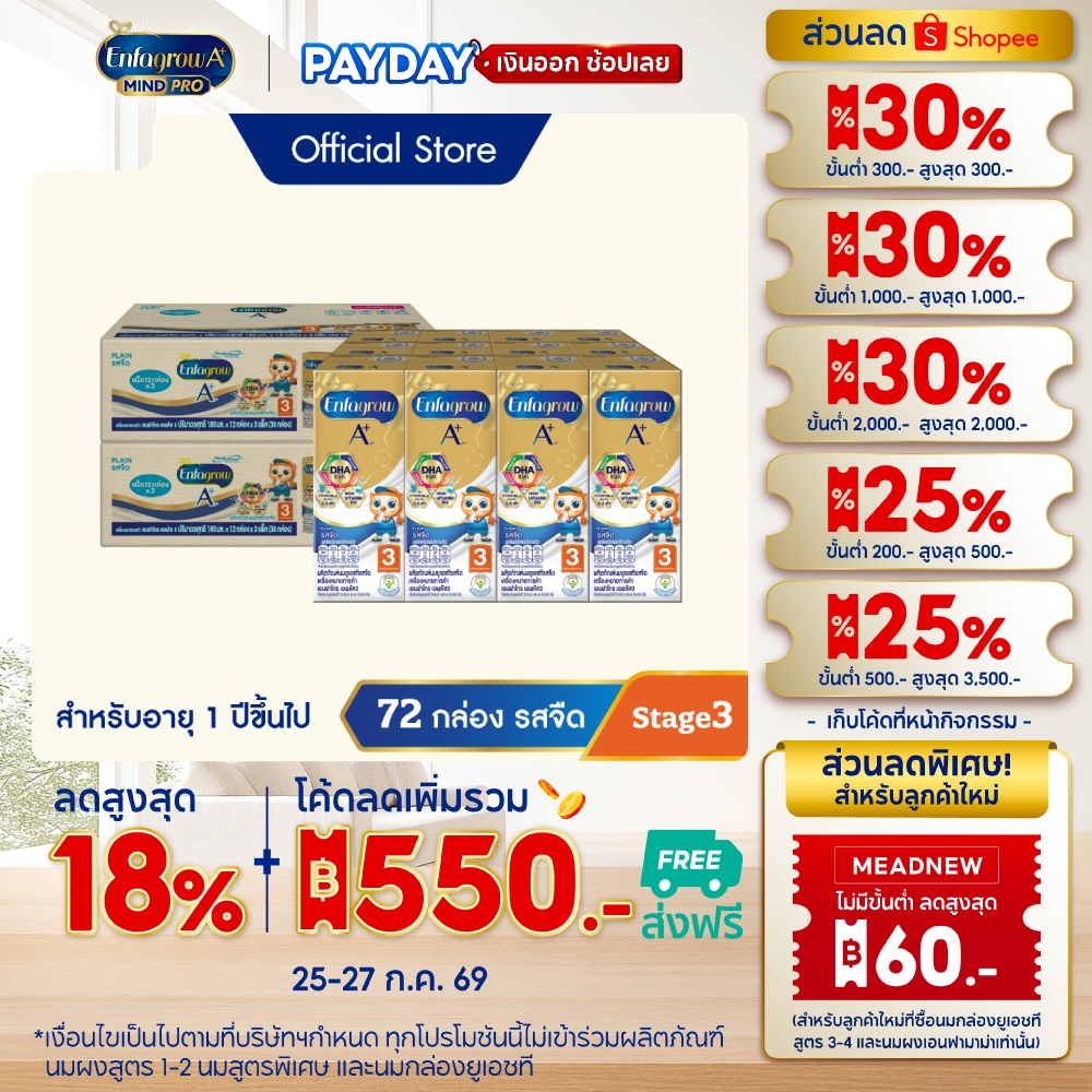 นมกล่อง เอนฟาโกร ยูเอชที สูตร3 ชนิดจืด (36 กล่อง) x2 ลัง Enfagrow UHT Stage3 Plain (36 boxes) x2 cases