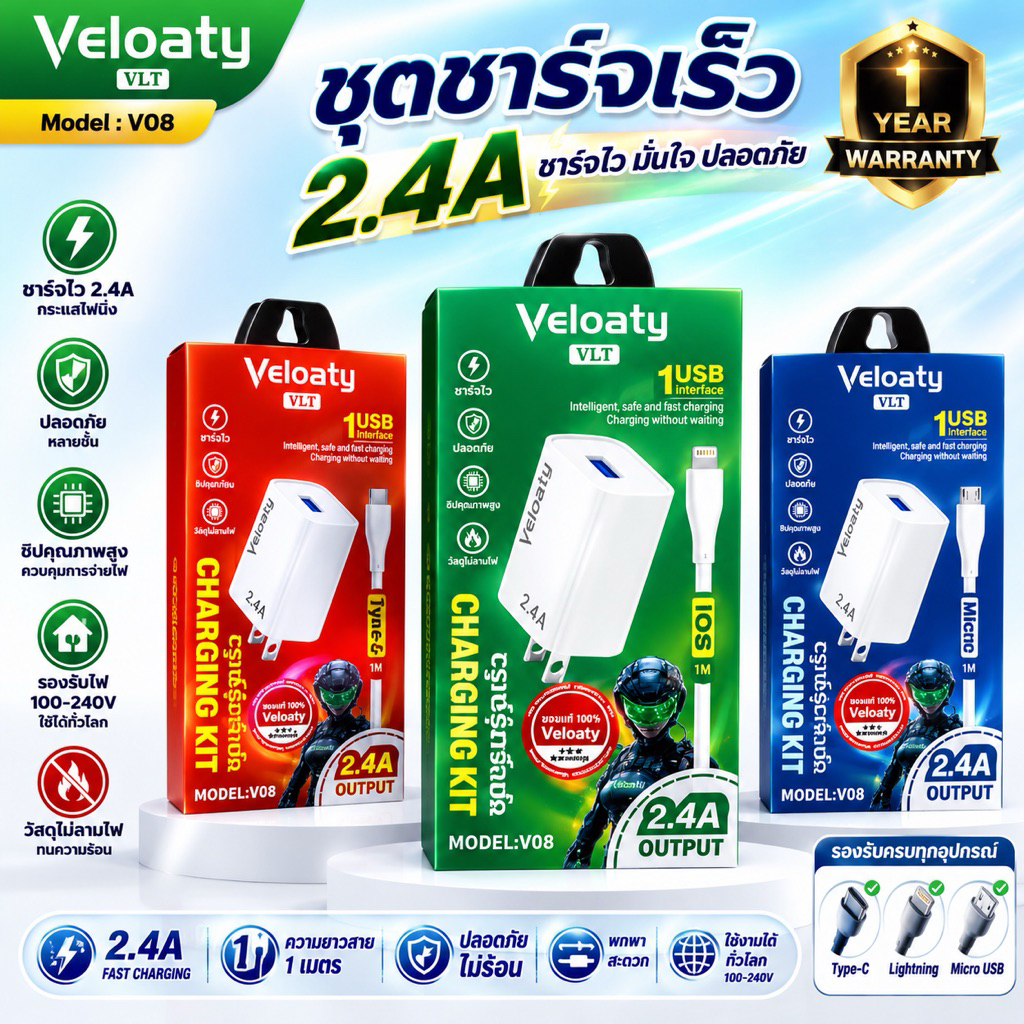 Veloaty ชุดชาร์จ 2.4A พร้อมสาย 1 เมตร Micro / Type-C / iOS หัวชาร์จ USB