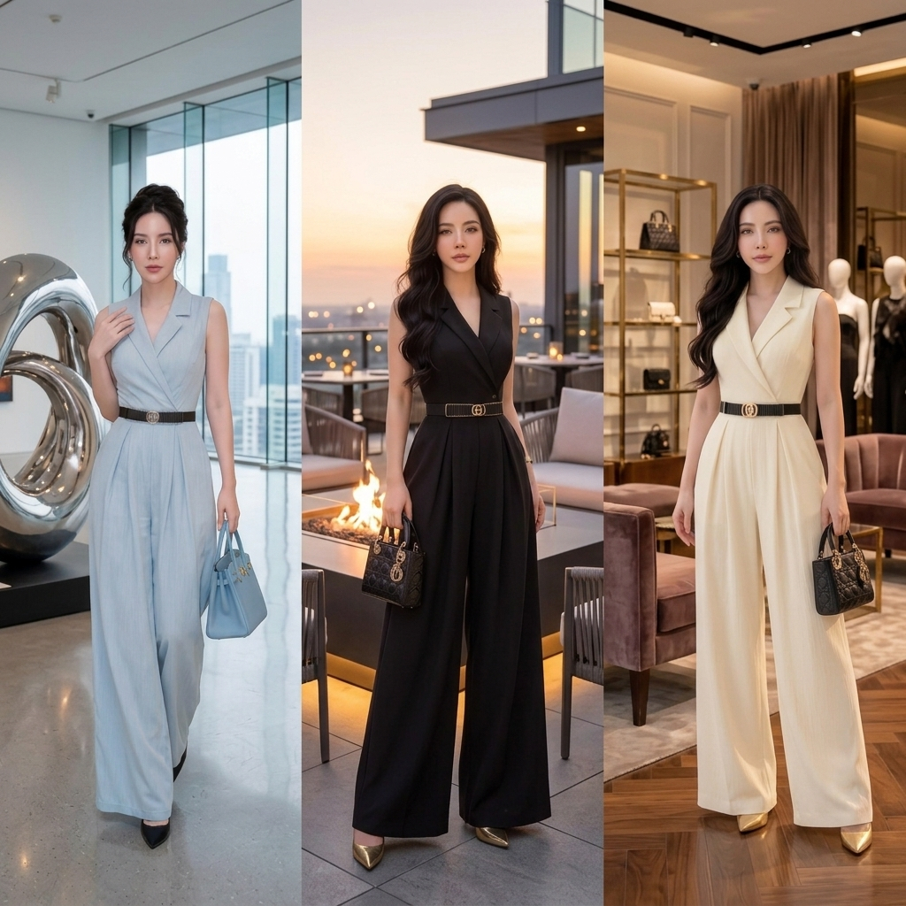 H214 ชุดจั๊มสูทแฟชั่นผู้หญิง พร้อมเข็มขัด แต่งลุคเรียบหรู