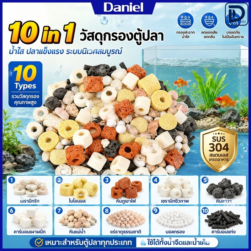 ชุดวัสดุกรองน้ำ 10 in 1 น้ำใสภายใน 3 วัน แถมฟรีสูงสุด 60 กรัม สำหรับตู้ปลาและบ่อปลา