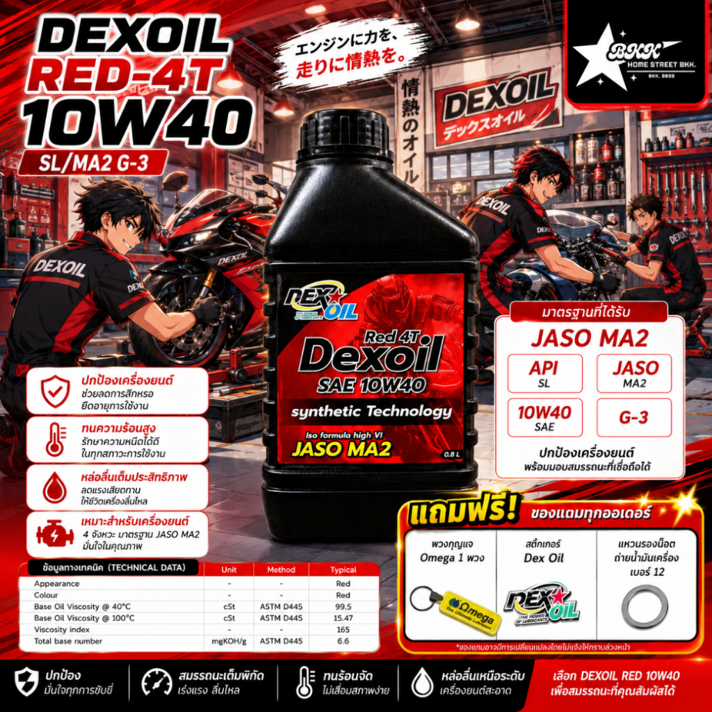 Dexoil Red 4T 10W40 น้ำมันเครื่องเกรดสังเคราะห์ ขนาด 0.8L
