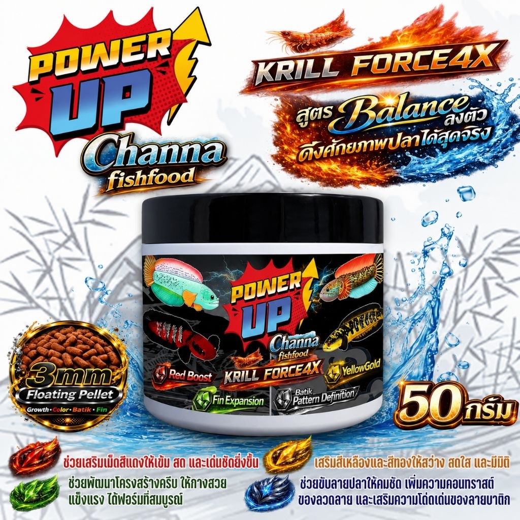 PowerUp Channa อาหารปลาช่อน สูตร Premium ครบจบ เร่งสีแดง เหลือง น้ำเงินคมชัด  เน้นดอก•บาติก เน้นฟิน•ฟอร์มแน่น