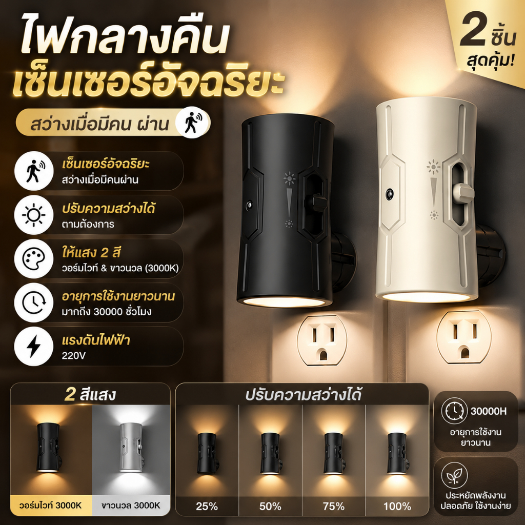 โคมไฟกลางคืน LED ทรงกระบอก สวิตช์ตรวจจับความเคลื่อนไหว ปลั๊กไร้สาย แสงสีขาวนวล 3000K ไฟตกแต่งภายใน
