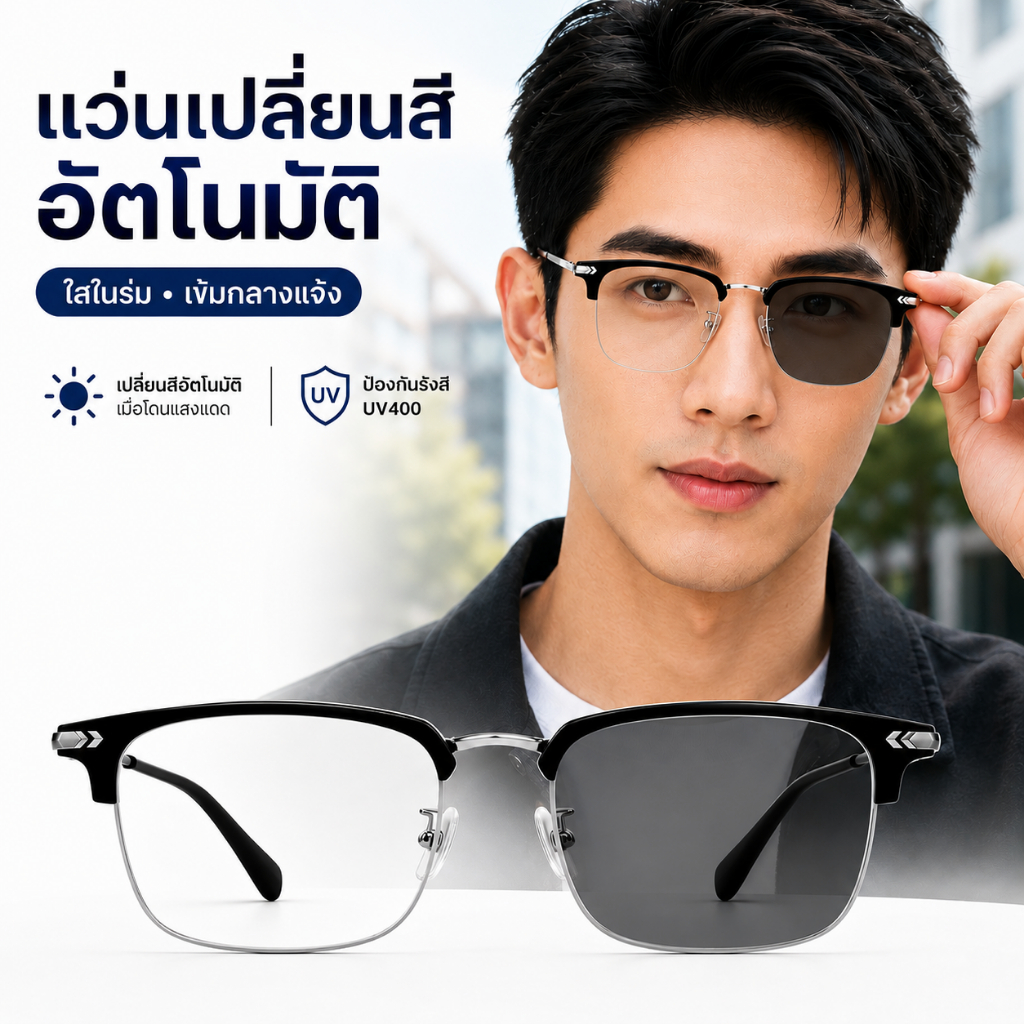 แว่นเปลี่ยนสีอัตโนมัติ UV400 เลนส์สายตาสั้น/สายตายาว เลนส์ใสในร่ม เข้มกลางแจ้ง สำหรับขับรถและใช้งานกลางแจ้ง