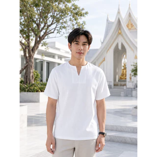 เสื้อผ้าฝ้าย ผ้าพื้นเมือง (หนังกบ) คอเจาะ แขนสั้น สีขาว