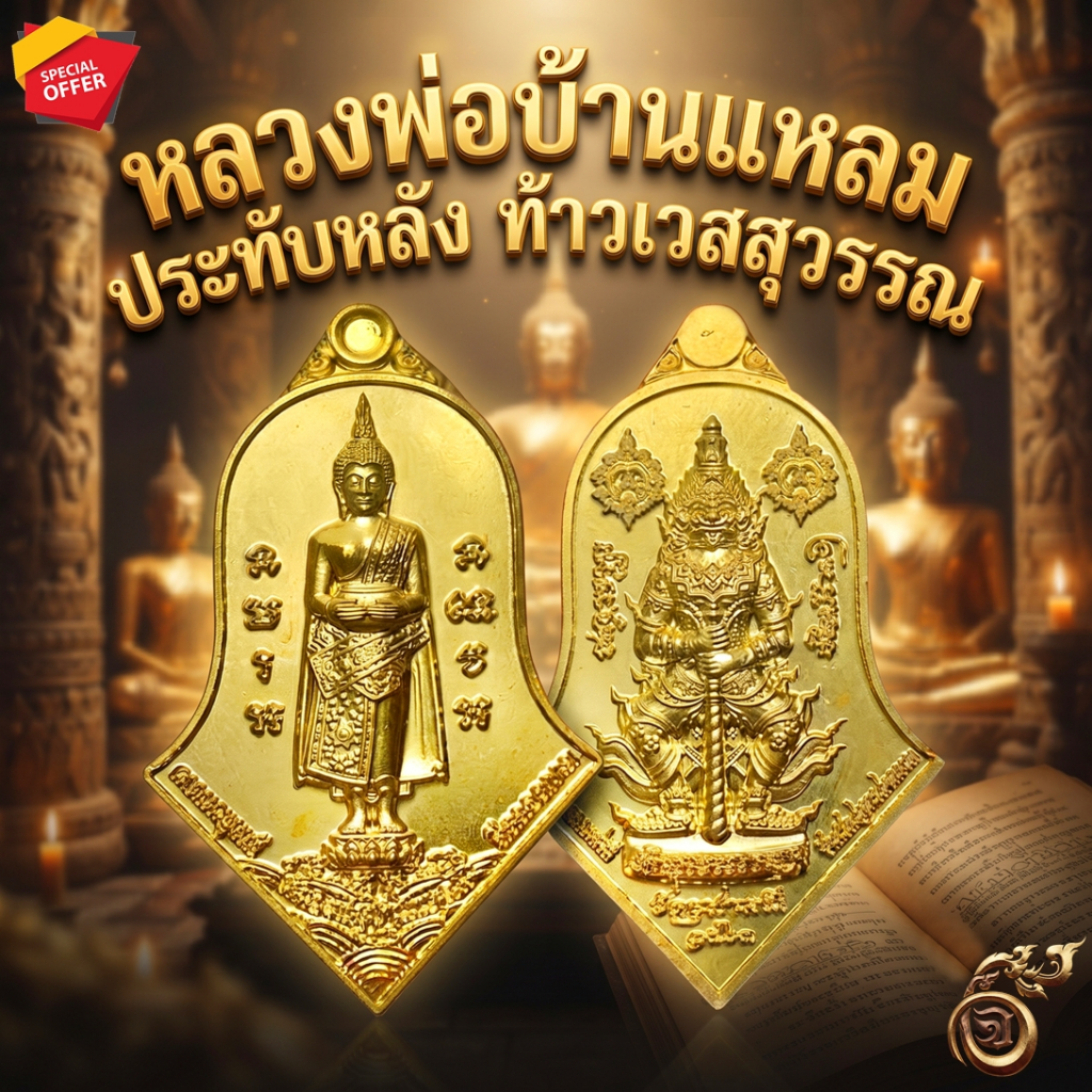 เหรียญทรงจำปี หลวงพ่อบ้านแหลม ประทับหลังท้าวเวสสุวรรณ เนื้อทองฝาบาตร "พิมพ์ใหญ่ พระอาจารย์อิฏฐ์