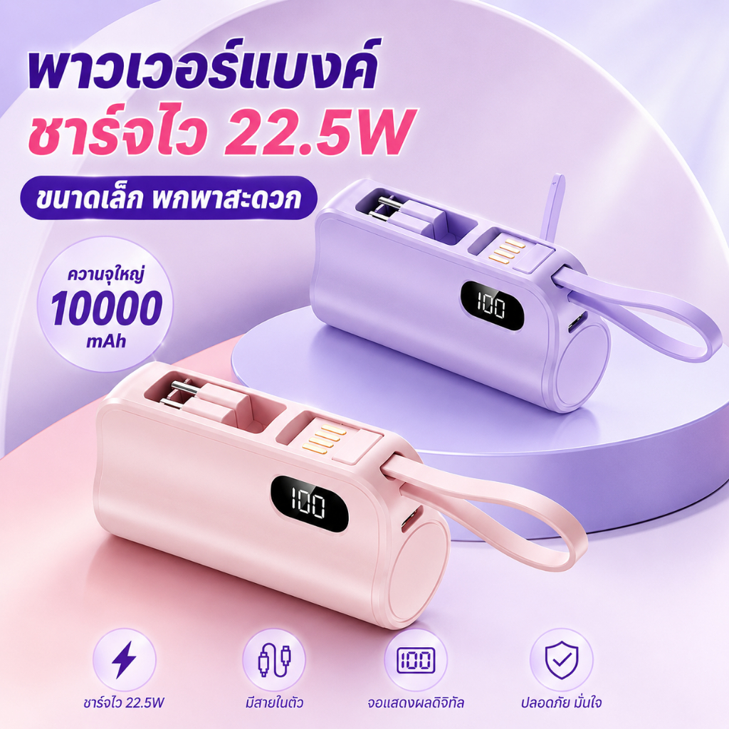 พาวเวอร์แบงก์มินิ 10000mAh ทรงแคปซูล สายในตัว Type-C/Lightning ชาร์จเร็ว พกพาสะดวก ขึ้นเครื่องได้