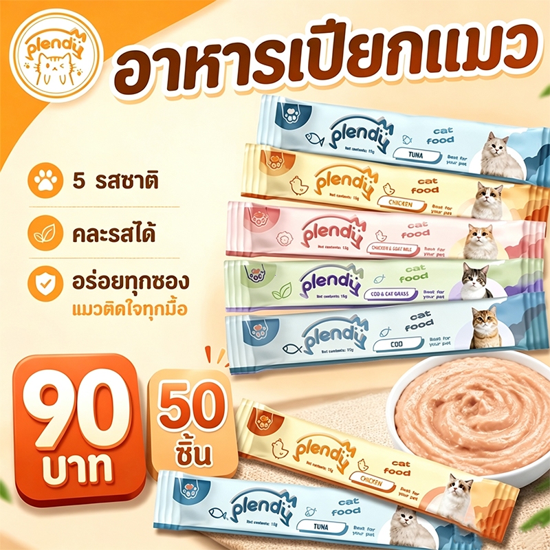 Plendy（แพ็ค50ชิ้น）อาหารเปียกแมว ขนมแมว อาหารแมว ขนมแมวเลีย 15 กรัม/แท่ง 5 รสชาติ ทุกเส้นอร่อยสุดๆ