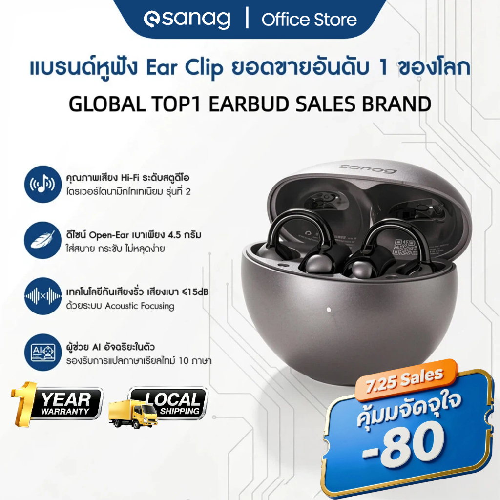 Sanag S6S Ultra หูฟัง Ear Clip บลูทูธ ใส่สบาย ไม่หลุด แบตอึด สำหรับออกกำลังกายและใช้งานทั้งวัน
