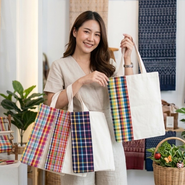 (ขายถูก 1โหล/12ใบ ) ถุงผ้าดิบ คาด ลายผ้าขาม้า  กระเป๋าผ้าดิบ 12X14นิ้ว (เพ้นท์ลาย หรือ นำไปสกรีน ได้) ของชำร่วย ของขวัญ