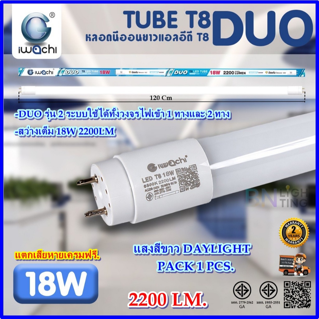 IWACHI หลอดไฟนีออน LED T8 9W 18W รุ่น DUO หลอดประหยัดไฟ ห้องนอน โรงรถ แบบยาว แบบสั้น (แสงสีขาว)