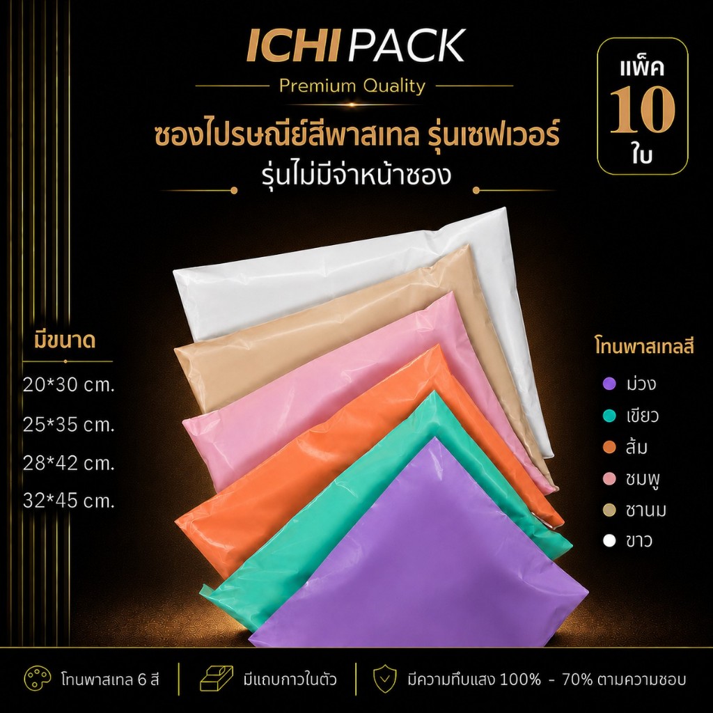 ซองไปรษณีย์ รุ่นเซฟเวอร์ | 10 ใบ/แพ็ค | ไม่มีจ่าหน้า สีพาสเทล | 52.5 ไมครอน/ด้าน มีแถบกาวในตัว