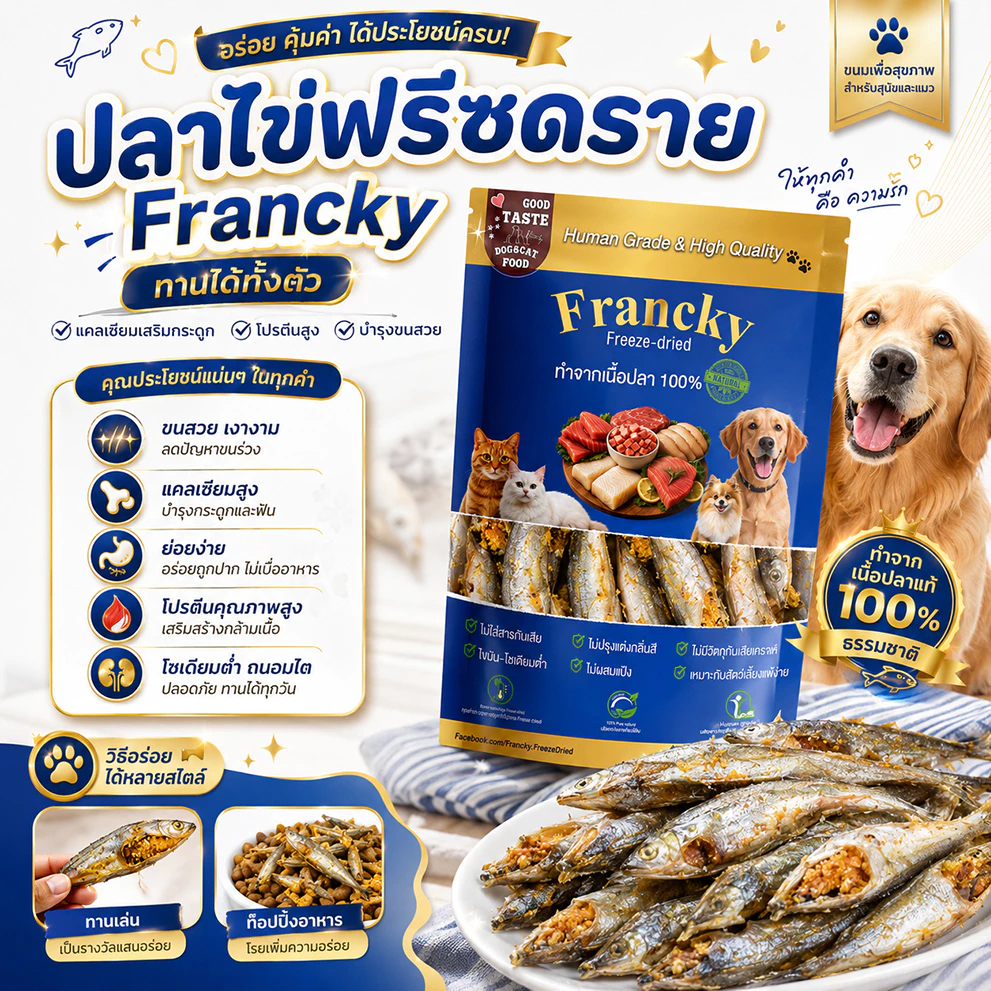 🐟 ปลาไข่ฟรีซดราย Francky ทานได้ทั้งตัว แคลเซียมเสริมกระดูก โปรตีนสูง บำรุงขนสวย สำหรับสุนัขและแมว