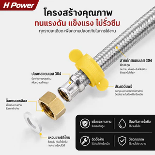 🔥 H Power 🔥 สายน้ำดีสแตนเลส SUS304 แท้ พร้อมข้อต่อทองเหลือง F1/2" ใช้ได้กับ เครื่องทำน้ำอุ่น ก๊อกอ่างล้างหน้า 40ซม-200ซม