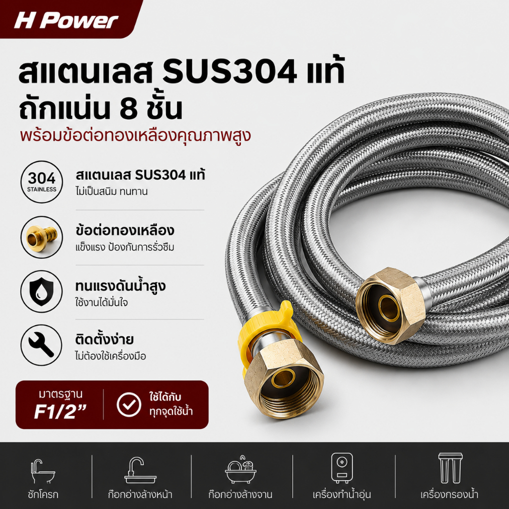 🔥 H Power 🔥 สายน้ำดีสแตนเลส SUS304 แท้ พร้อมข้อต่อทองเหลือ