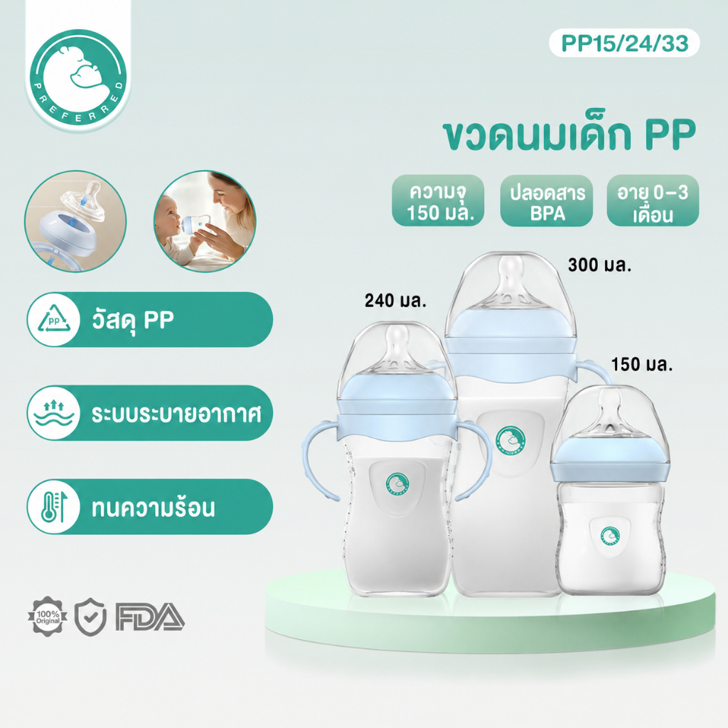 Preferred ขวดนม ขวดนมเด็ก ขวดนมปากกว้าง PP Food Grade กันลม Anti Colic BPA Free จุกนมซิลิโคนนุ่ม 150/240/330ml PP15