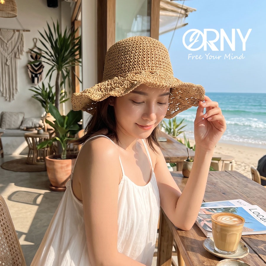 หมวกสานปีกกว้าง สไตล์เกาหลี วัสดุจากธรรมชาติ 100% (สีน้ำแทน) รุ่น 470