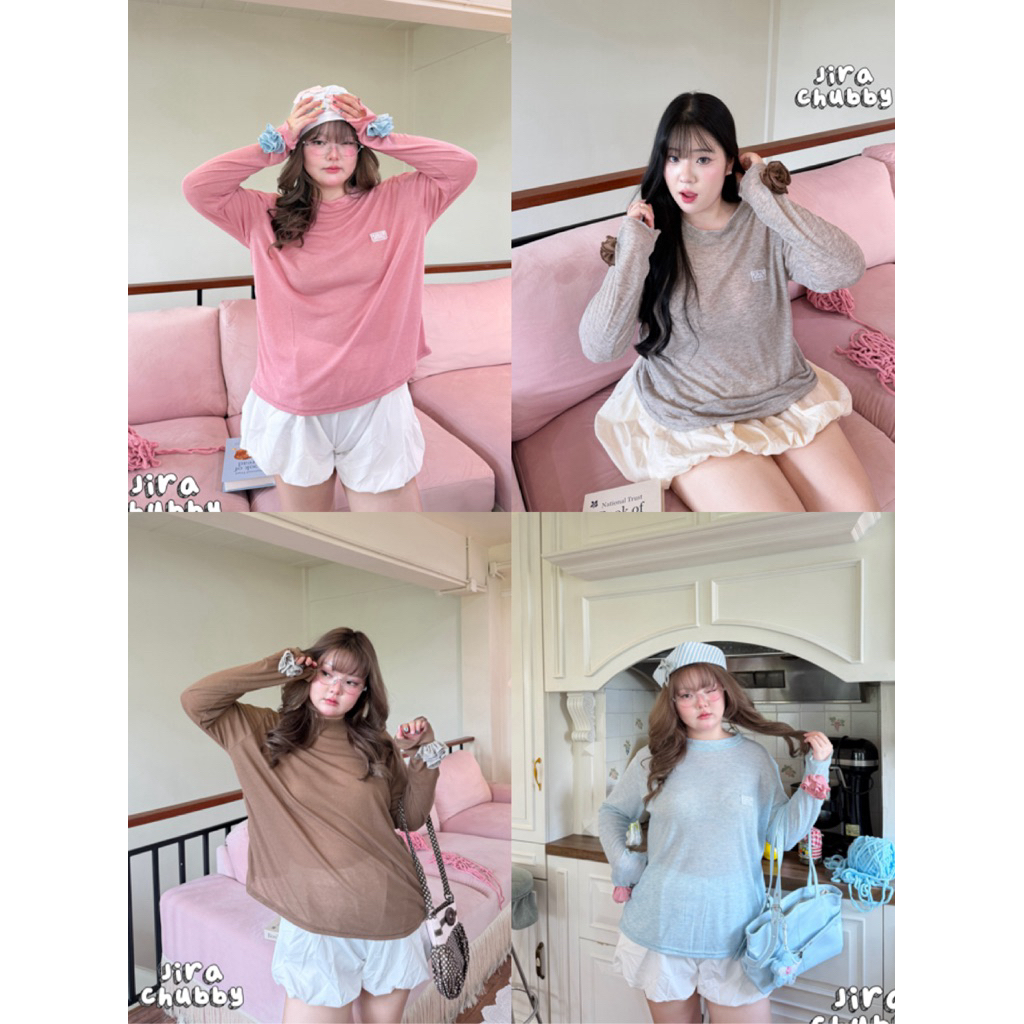 เสื้อแขนยาวคอกลมติดดอกกุหลาบสาวอวบ สุดฮิตอก38-52+ Oversizeตัวกุหลาบตัดกับสีเสื้อน่ารักมาก