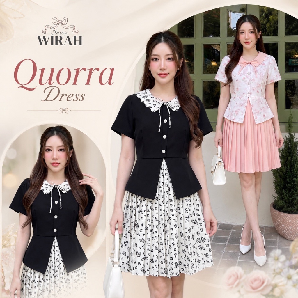 DW487 Quorra Dressสีดำ	ชุดเดรสสั้นทรงเข้ารูป ท่อนบนผ้าบาร์บี้ดอลลี่ ปกบัวหยักสแกลล็อป (scallops) ผ้าพิมพ์ลายดอกไม้