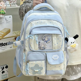 🎒กระเป๋าเป้สไตล์ญี่ปุ่นเกาหลี แถมตุ๊กตาโปชาโกะ กันน้ำ วินเทจ ใส่แล็ปท็อปได้ หลายช่องเก็บของ น่ารัก