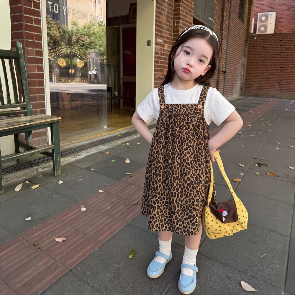 PRINCESS KESLI 2-12 ปี ชุดเด็กผู้หญิง 2ชิ้น เสื้อยืดเด็กผู้หญิง+กระโปรงกางเกงสายเดี่ยวลายเสือดาว สไตล์เกาหลี แฟชั่นลำลอง