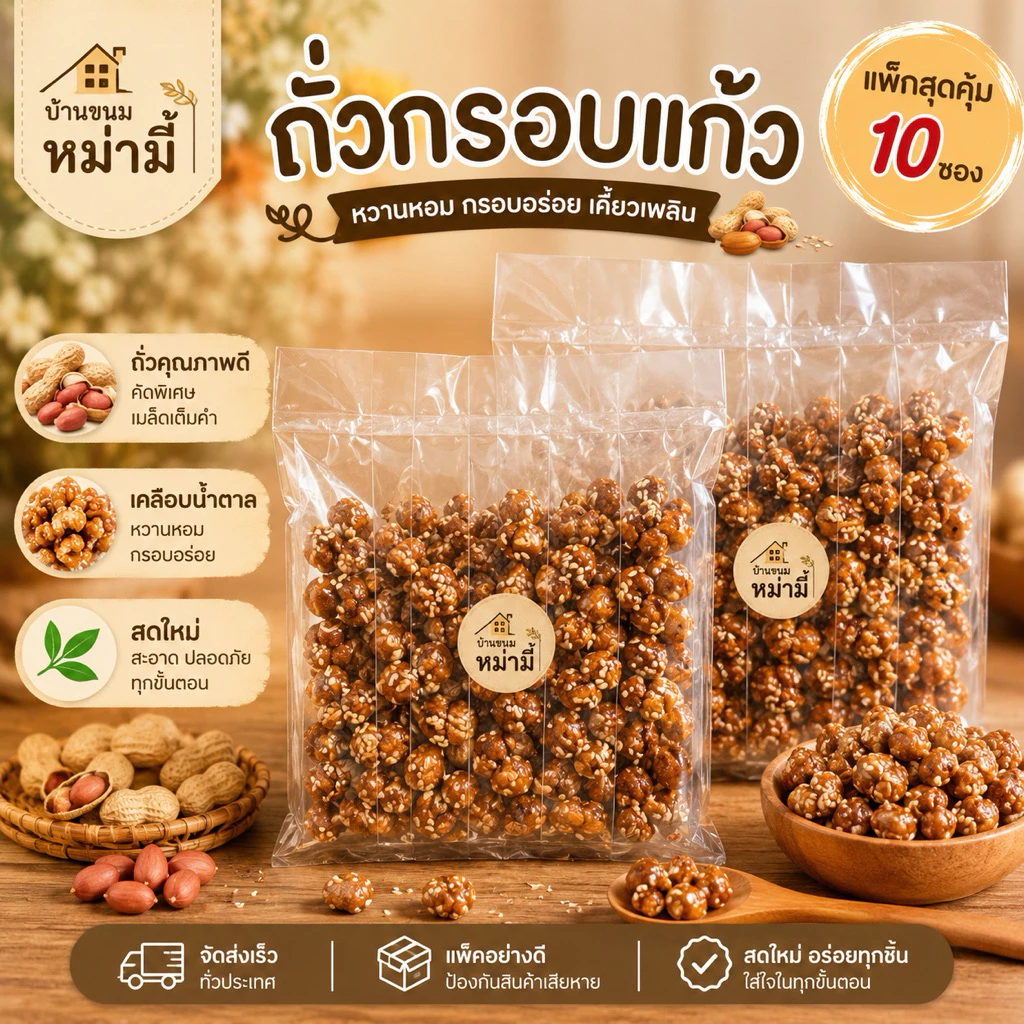 ถั่วกรอบแก้ว ถั่วลิสงกรอบแก้ว แพ็ค 10 ห่อ