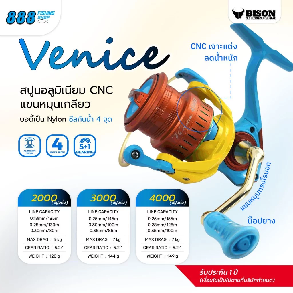 รอกสปินนิ่ง Bison รุ่น Venice ซีลกันน้ำ4จุด สีพาสเทลสดใส 5+1BB รอบ5.2:1