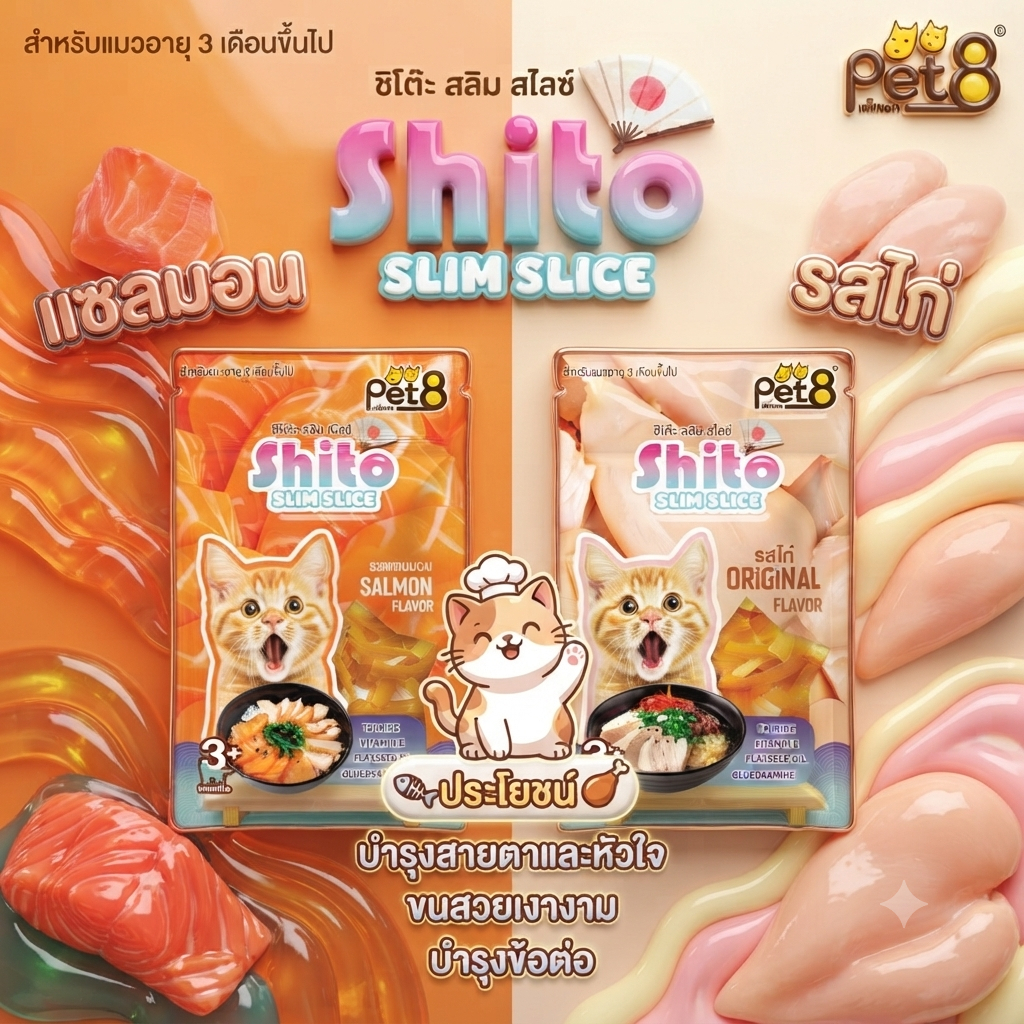 ขนมแมว ชิโตะ สลิม สไลช์ สูตร ผสมวิตามิน ลูกแมว 3เดือนขึ้นไปทานได้
