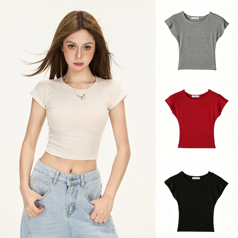 HELLDUL T0004 เสื้อครอปแขนสั้นปีกผู้หญิง ทรงรัดรูปคอกลม มีหลายสี ผ้านุ่มฤดูร้อน พร้อมส่งไทย