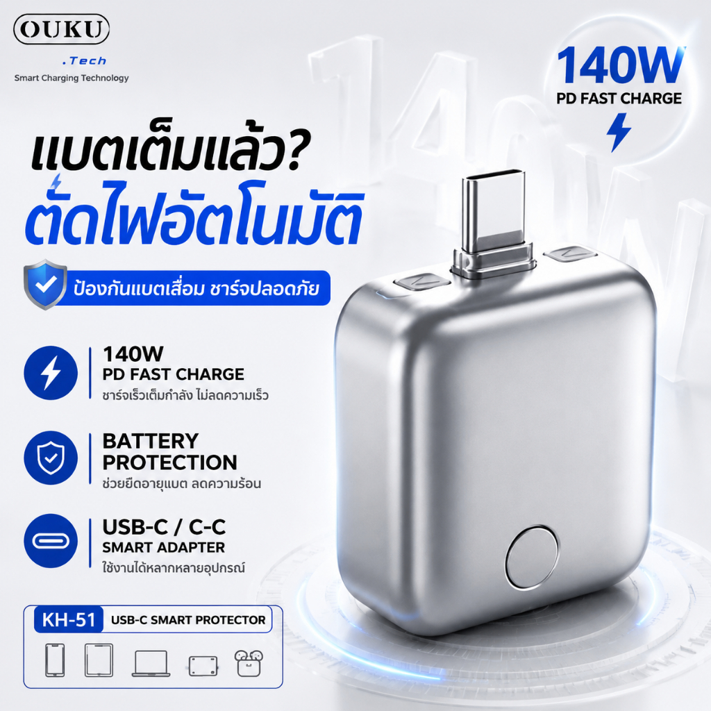 KH-51 OUKU ตัวตัดไฟ USB-C อัจฉริยะ 140W PD Auto Disconnect ป้องกันแบตเสื่อม