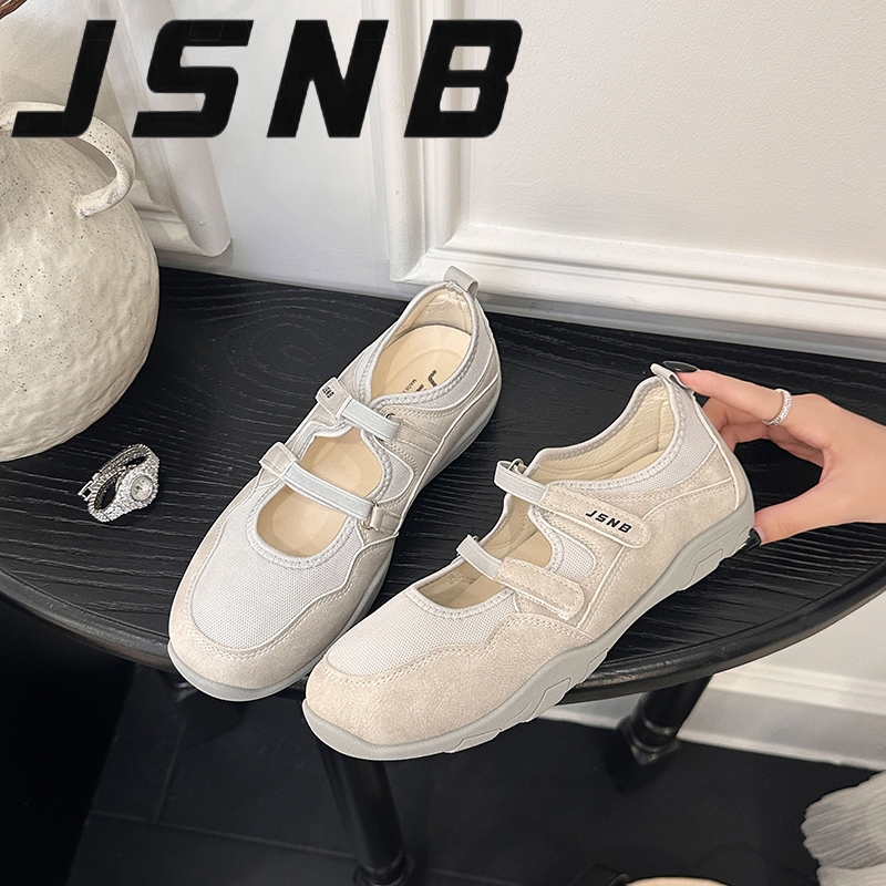 JSNBรองเท้าแมรี่เจน ตีนตุ๊กแก สีขาวครีม รองเท้าส้นแบน เกาหลี，LN2801