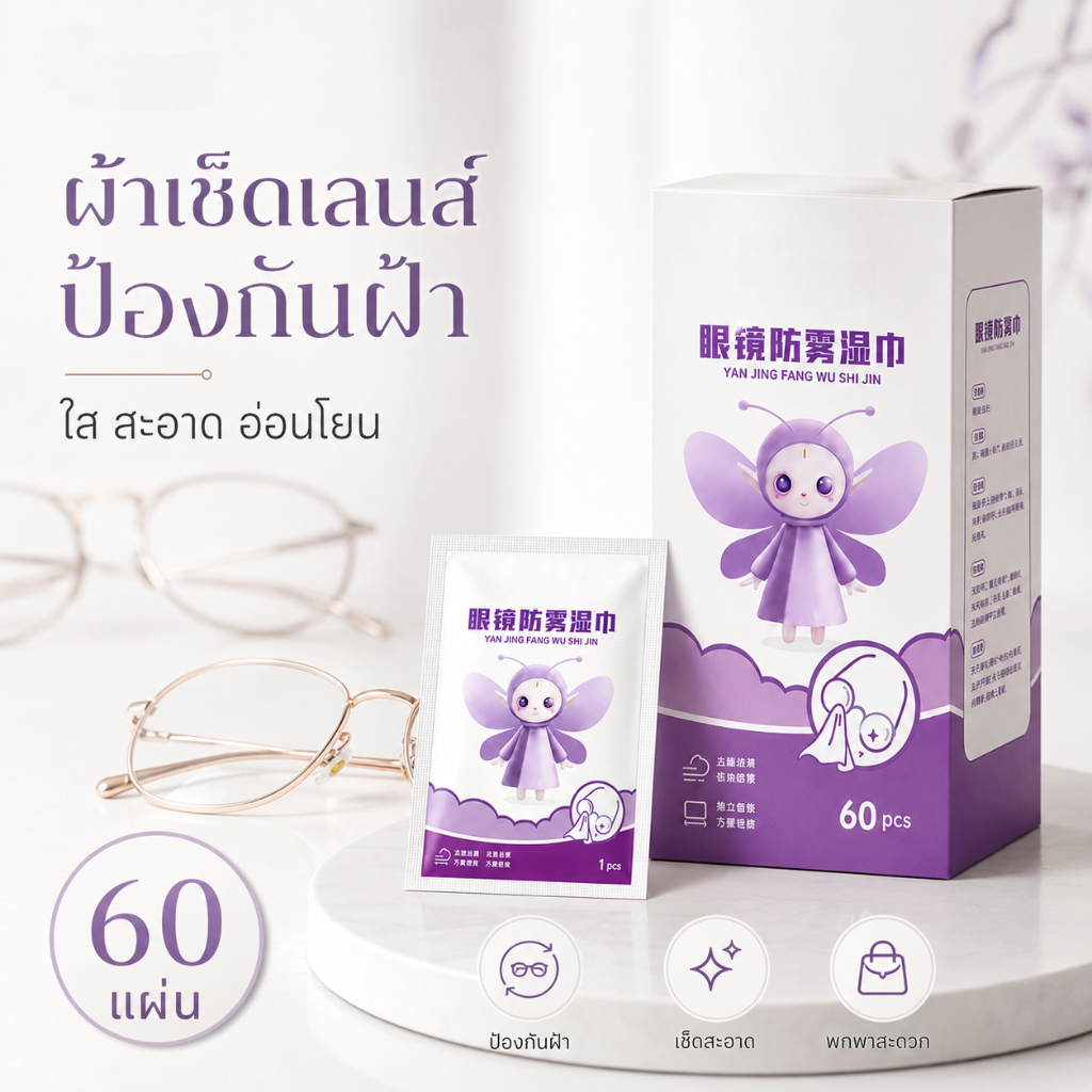 ผ้าเช็ดเลนส์เปียกป้องกันฝ้า สำหรับแว่นสายตาและแว่นกันแดด ช่วยทำความสะอาดคราบมัน ฝุ่น รอยนิ้วมือ เลนส์ใส ใช้ง่าย 60 แผ่น