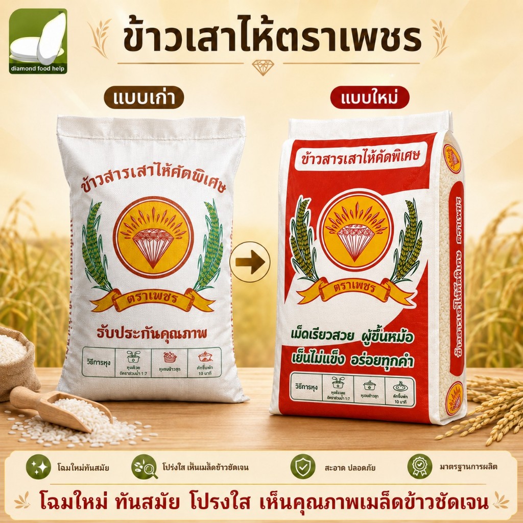 ข้าวเสาไห้ 14/45 กก. แพคคู่14กก(รวม28กก.) ตราเพชร เม็ดข้าวสวย หุงง่าย ขึ้นหม้อ เหมาะทั้งร้านอาหารและทุกคนในครอบครัว
